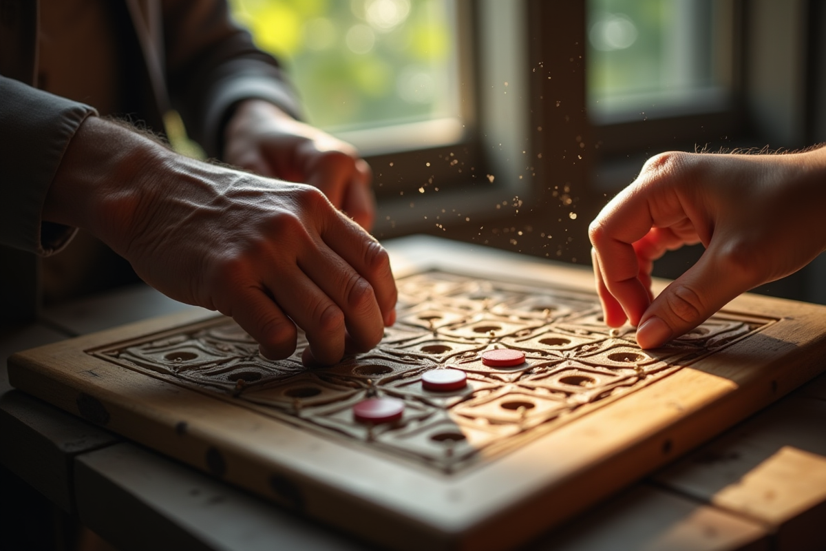 Enfant et personne âgée jouant à Senet sur un plateau en bois