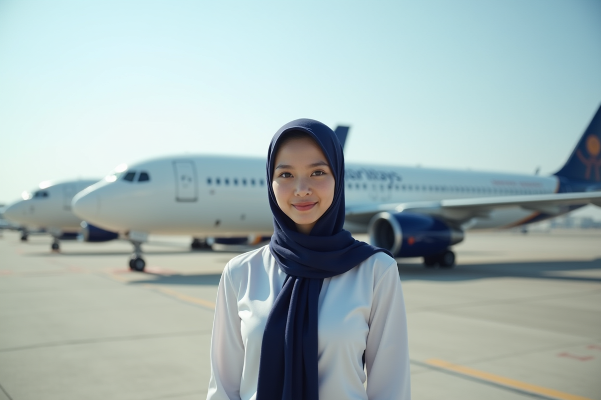 Jeune agent aéroport avec avions en arrière-plan