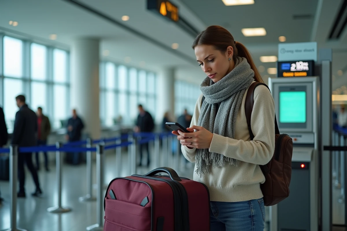 Jeune femme anxieuse vérifiant son téléphone près de gros bagages