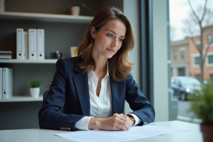 Jeune femme en bureau avec dossiers et fenêtre urbaine