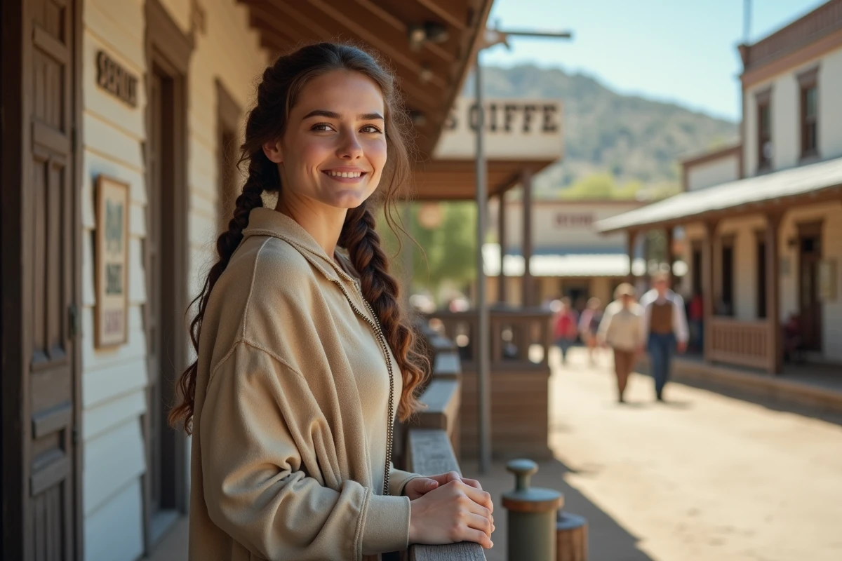 Jeune femme en costume d époque sur le porche d un bâtiment ancien