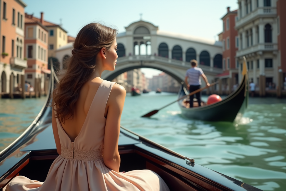 Jeune femme en robe élégante dans une gondola à Venise