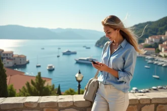 Jeune femme regardant son smartphone face à la mer méditerranéenne