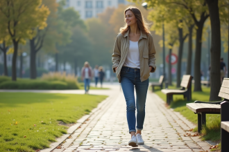 Jeune femme marchant dans un parc urbain ensoleille