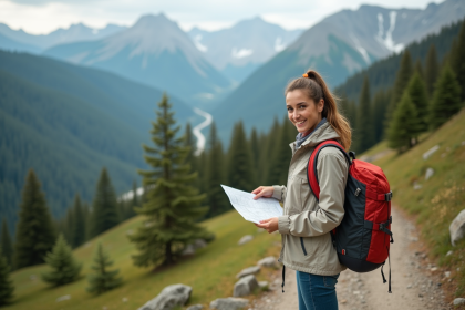 Jeune femme souriante avec carte et sac en nature