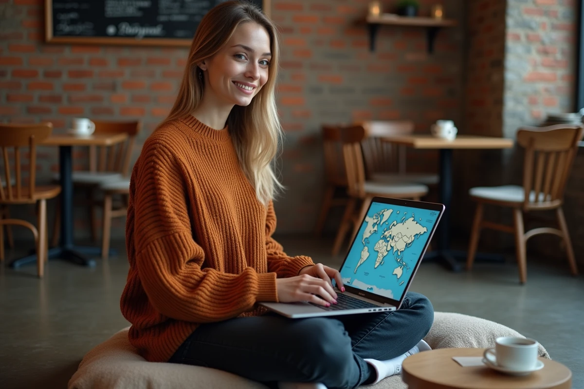 Jeune femme recherchant des noms de pays et villes en X sur un ordinateur dans un café