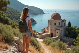 Jeune femme devant les ruines de Lokrum avec végétation méditerranéenne
