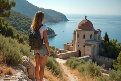 Jeune femme devant les ruines de Lokrum avec v&eacute;g&eacute;tation m&eacute;diterran&eacute;enne