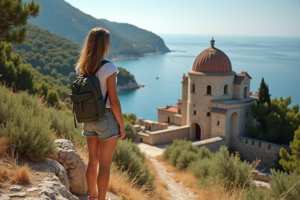 Jeune femme devant les ruines de Lokrum avec végétation méditerranéenne