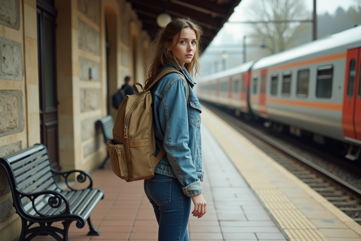 Jeune femme en denim embarquant dans un train régional en campagne