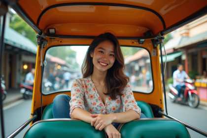 Jeune femme asiatique dans un tuk tuk coloré à Bangkok