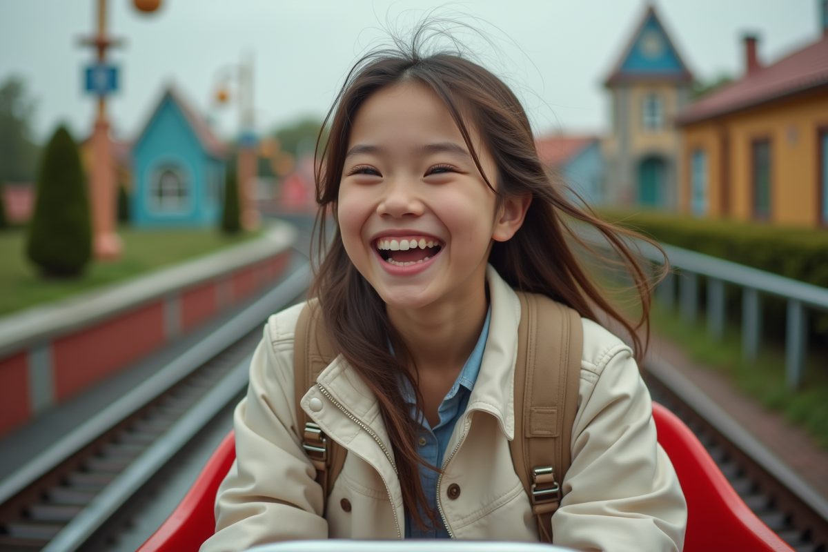 Jeune fille riant dans une attraction de parc d