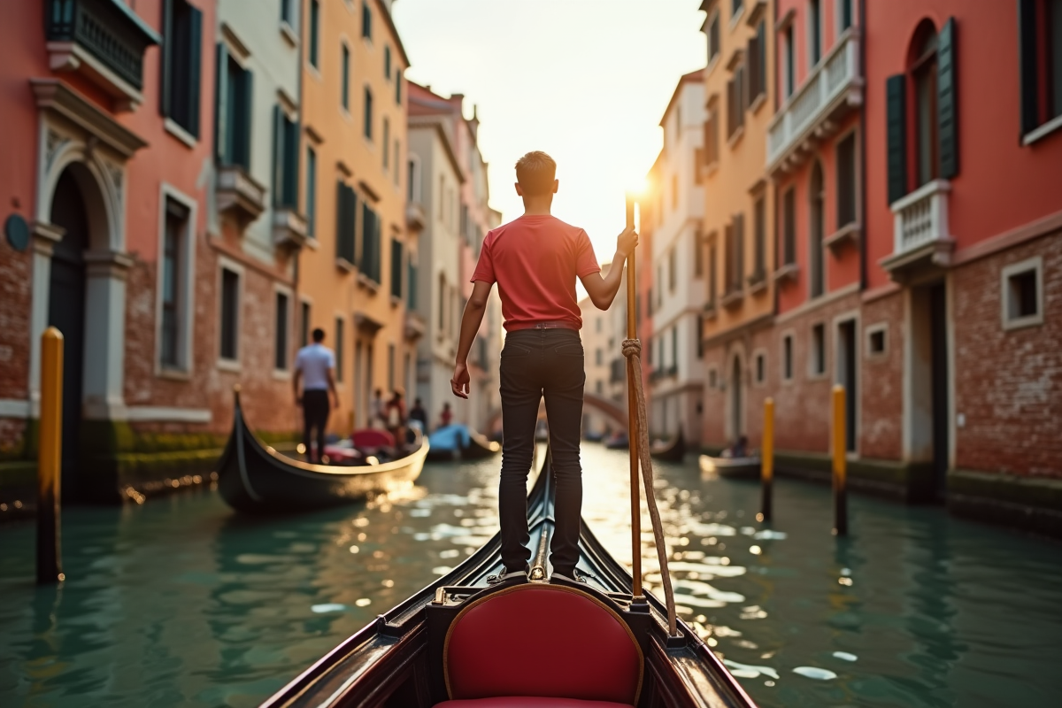 Jeune gondolier en formation sur un canal de Venise