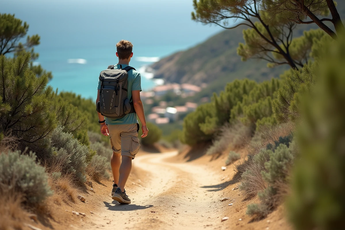 Jeune homme en randonn&eacute;e sur sentier sableux en m&eacute;diterran&eacute;e