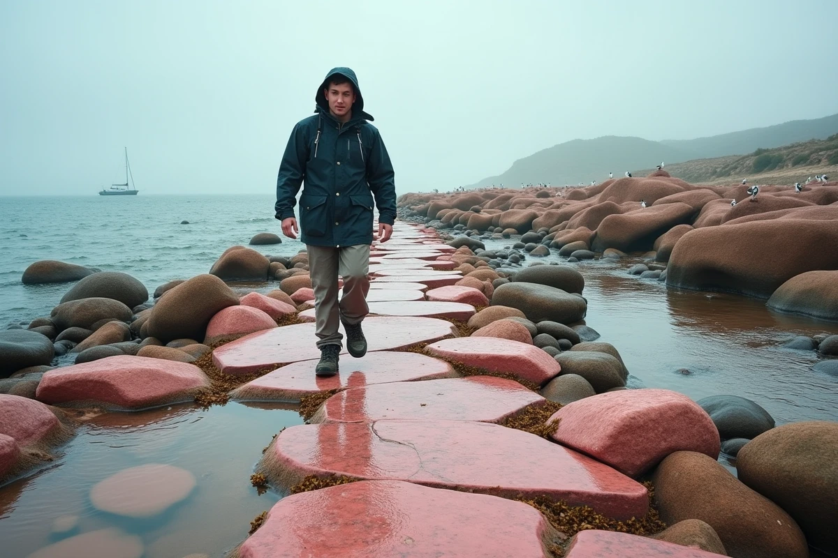 Jeune homme marchant sur les rochers de granite rose