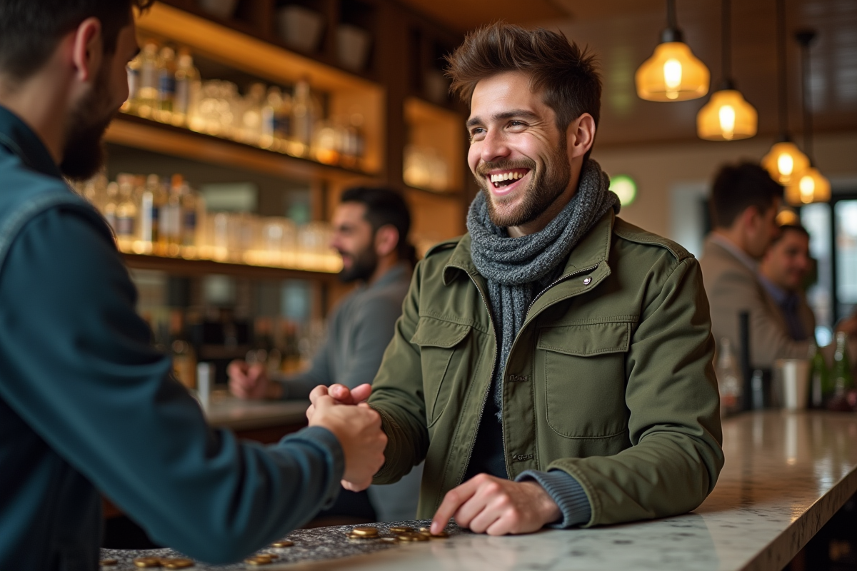 Jeune homme donnant des pièces à un serveur dans une brasserie moderne