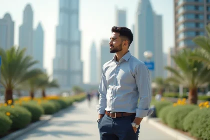 Jeune homme moyen-oriental devant le skyline de Dubai