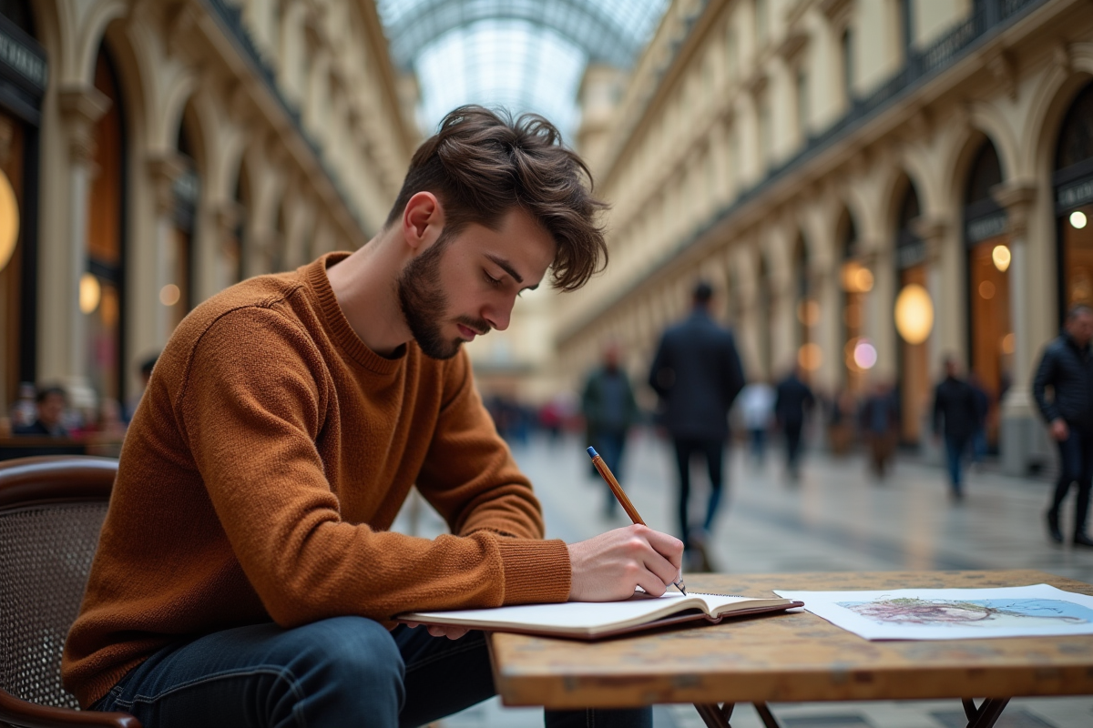 Jeune homme dessinant dans la Galleria Vittorio Emanuele