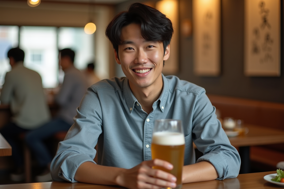 Jeune homme japonais souriant dans un izakaya moderne