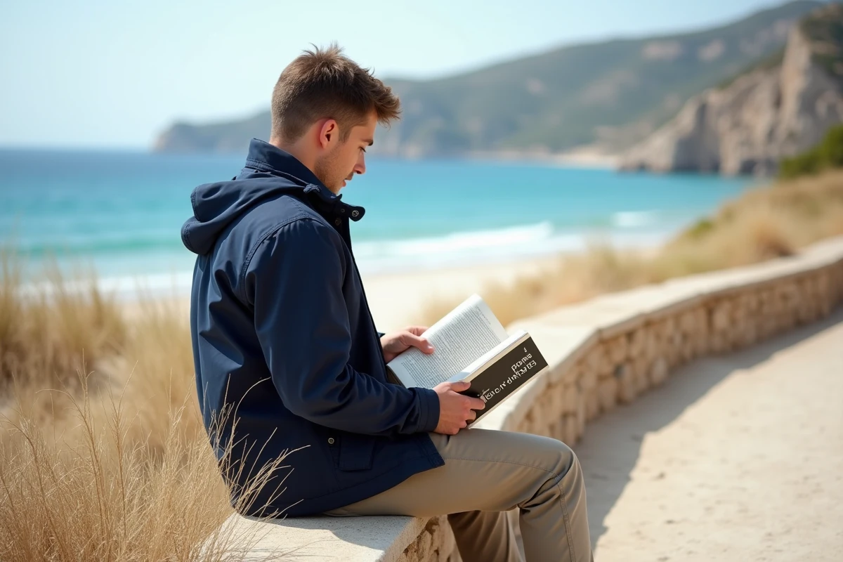 Jeune homme lisant sur la plage de Porto Cervo