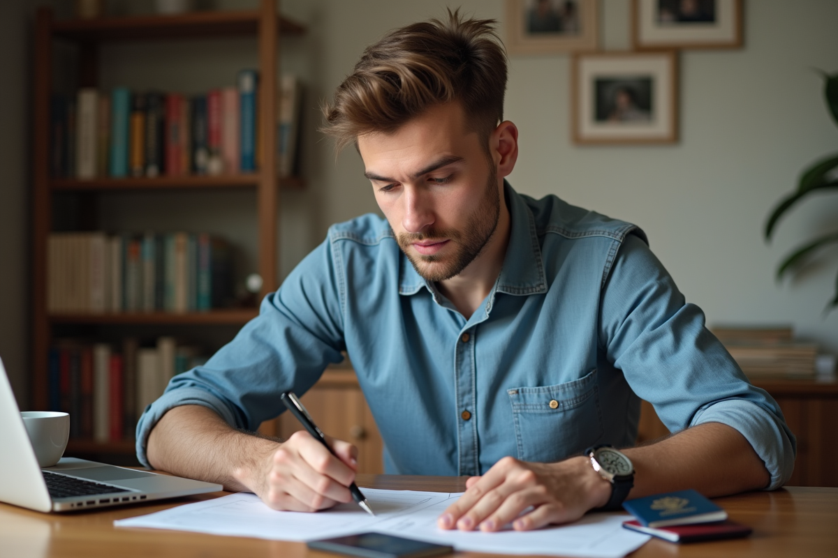 Jeune homme remplissant un formulaire de passeport à la maison