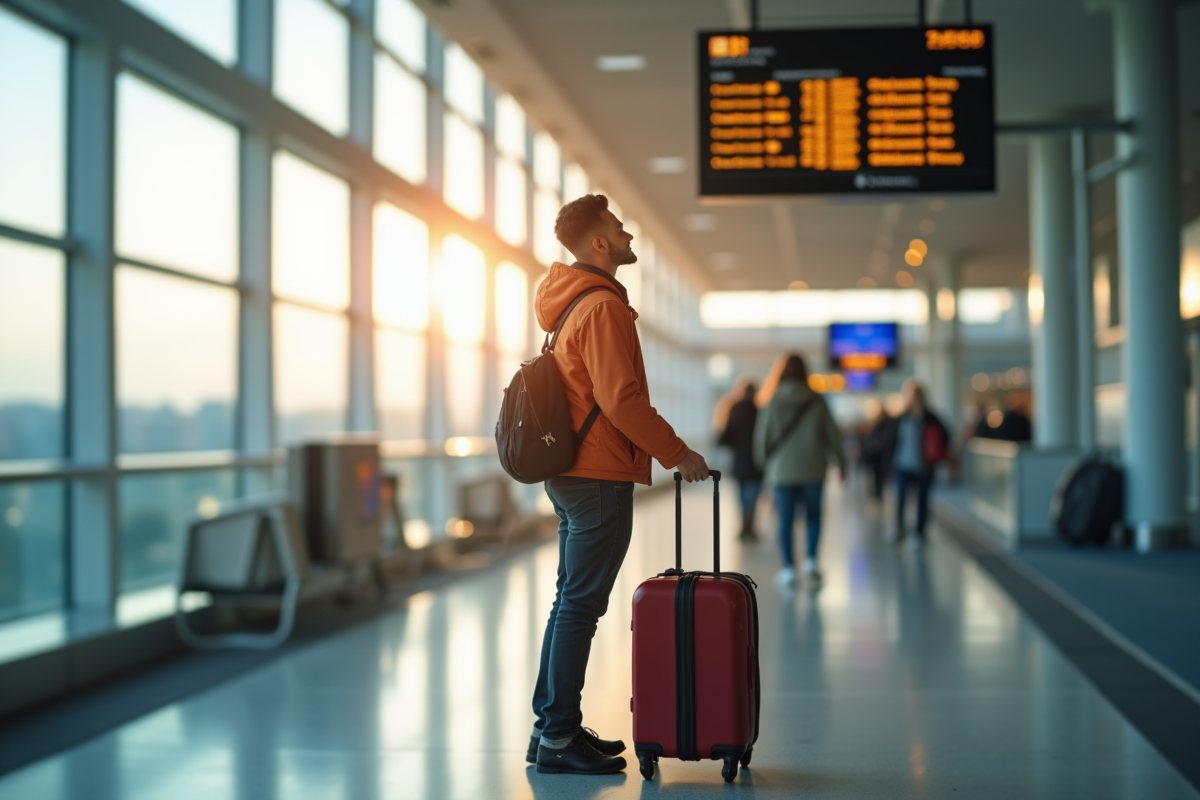 Jeune voyageur souriant vérifiant un tableau d'embarquement à l'aéroport