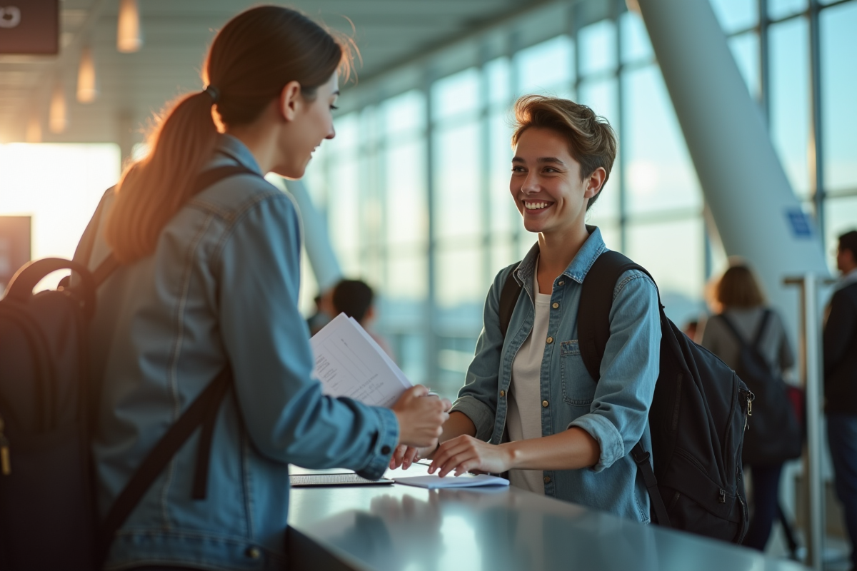 Jeune voyageur à l'aéroport vérifiant ses documents