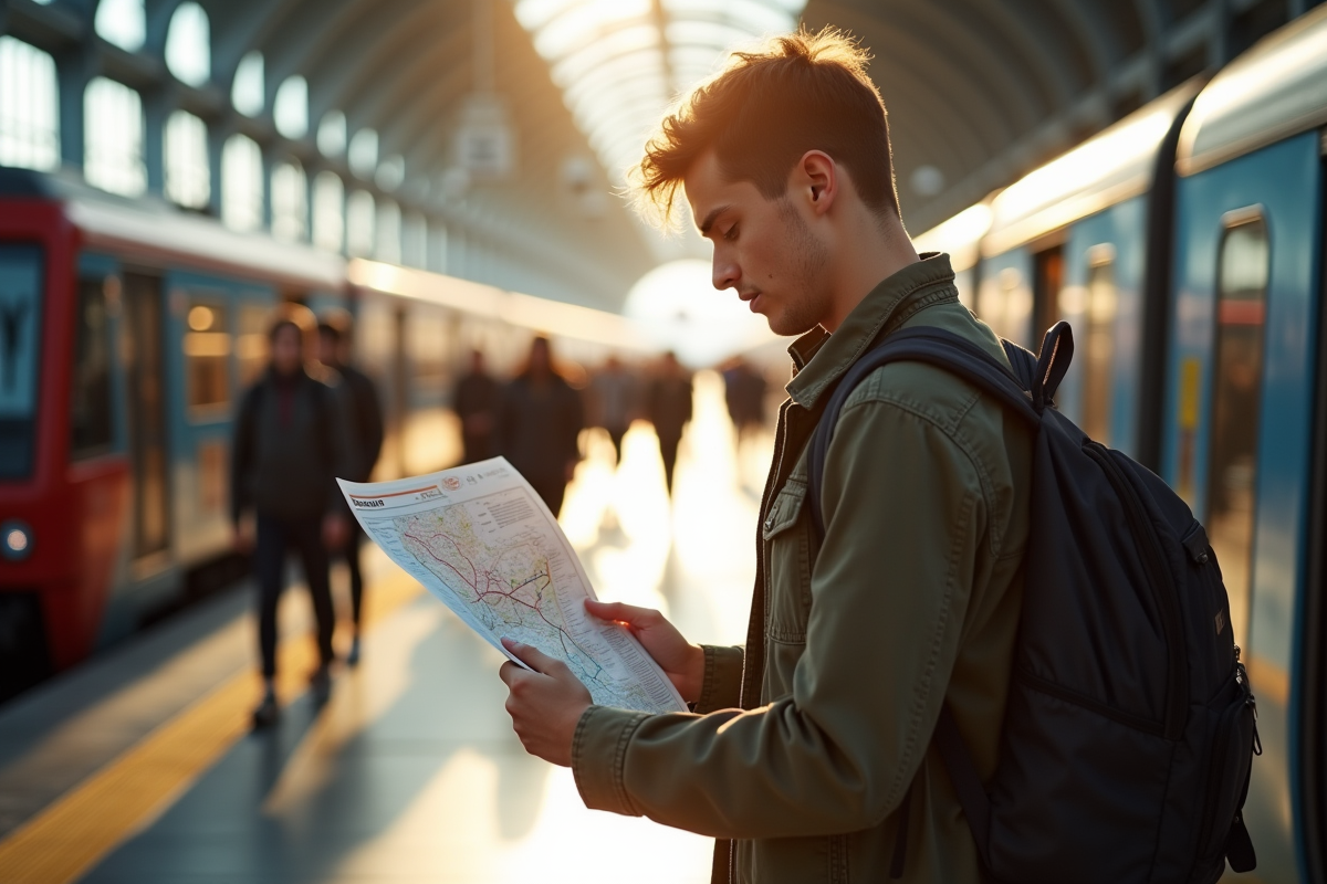 Jeune voyageur vérifiant une carte de train dans une gare lumineuse