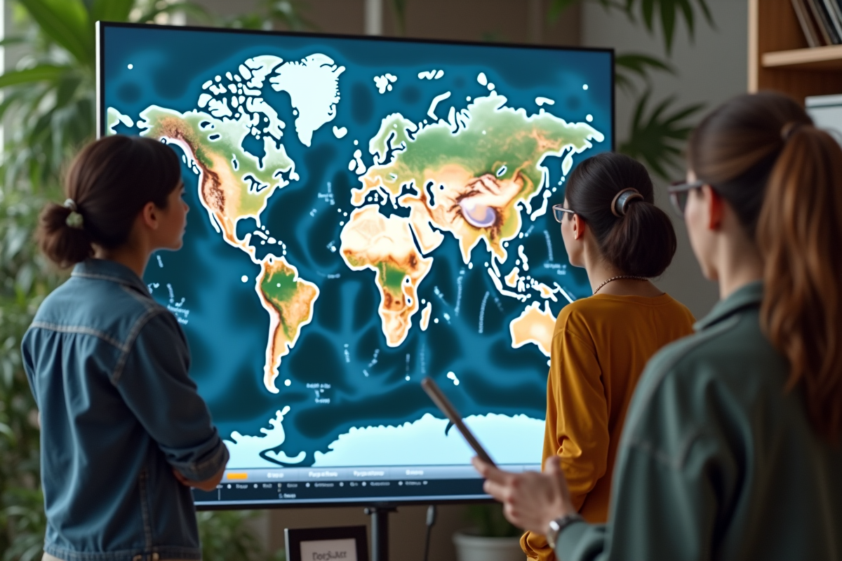 Jeunes discutant autour d une carte digitale dans un espace moderne