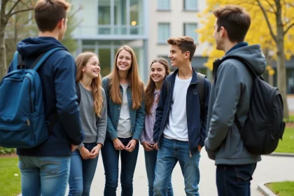 Groupe de jeunes lyc&eacute;ens fran&ccedil;ais devant une &eacute;cole moderne