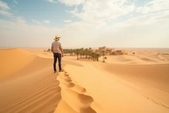 Voyageur contemplant les dunes dorées et l'oasis de Ksar Ghilane en Tunisie sous un ciel nuageux