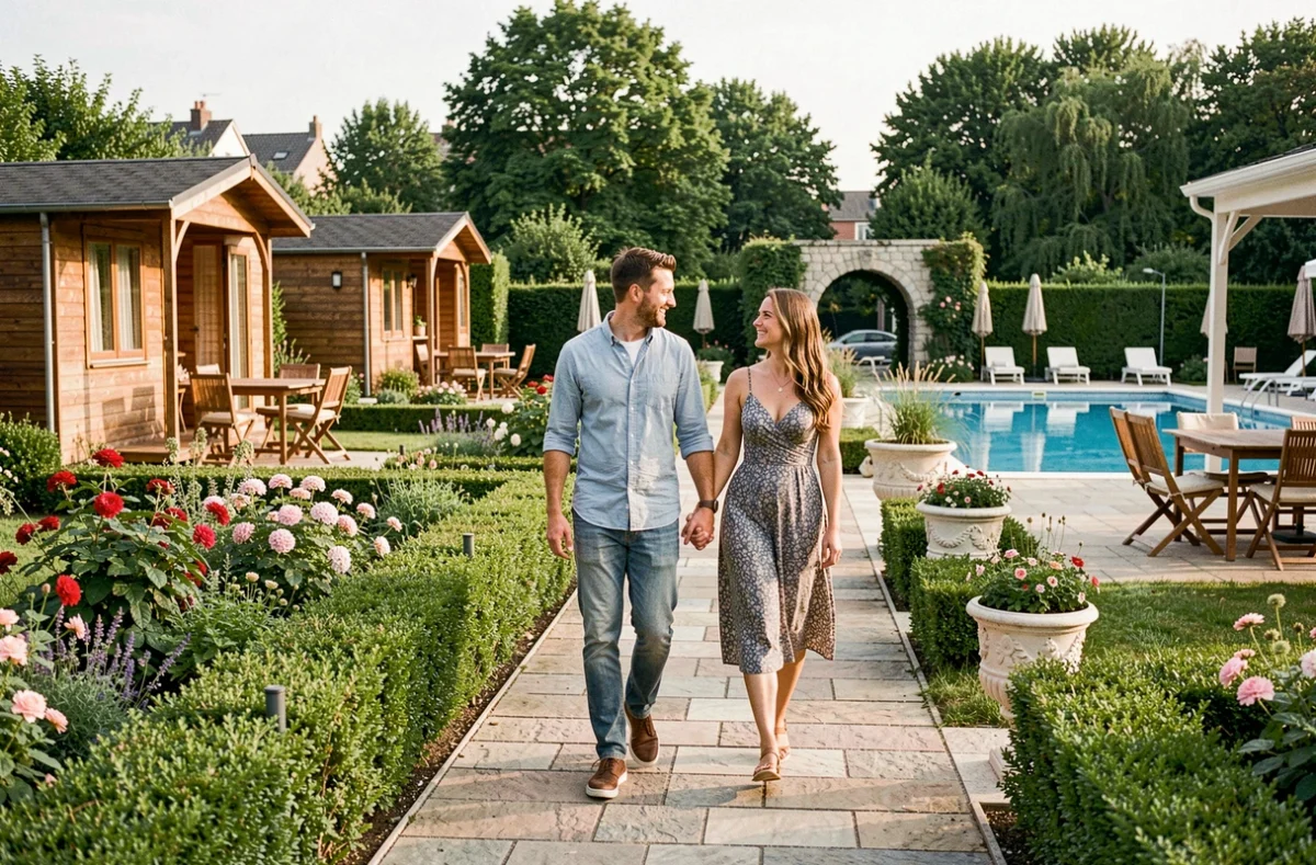 Couple se promenant dans les allées fleuries et soignées du Beau Village de Paris avec bungalows et piscine