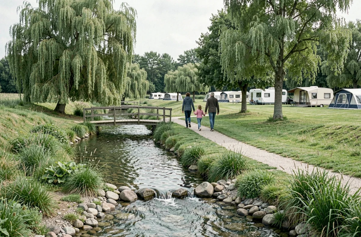 Famille se promenant le long d'un ruisseau naturel au camping Les Prés de la Fontaine dans un cadre champêtre
