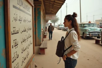 Jeune femme consultant le tarif des louages à la gare routière de Monastir pour rejoindre Tunis avec un petit budget