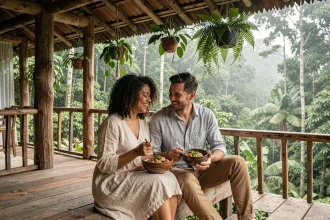 Couple en lune de miel écologique déjeunant sur la terrasse en bois d'un éco-lodge en forêt tropicale