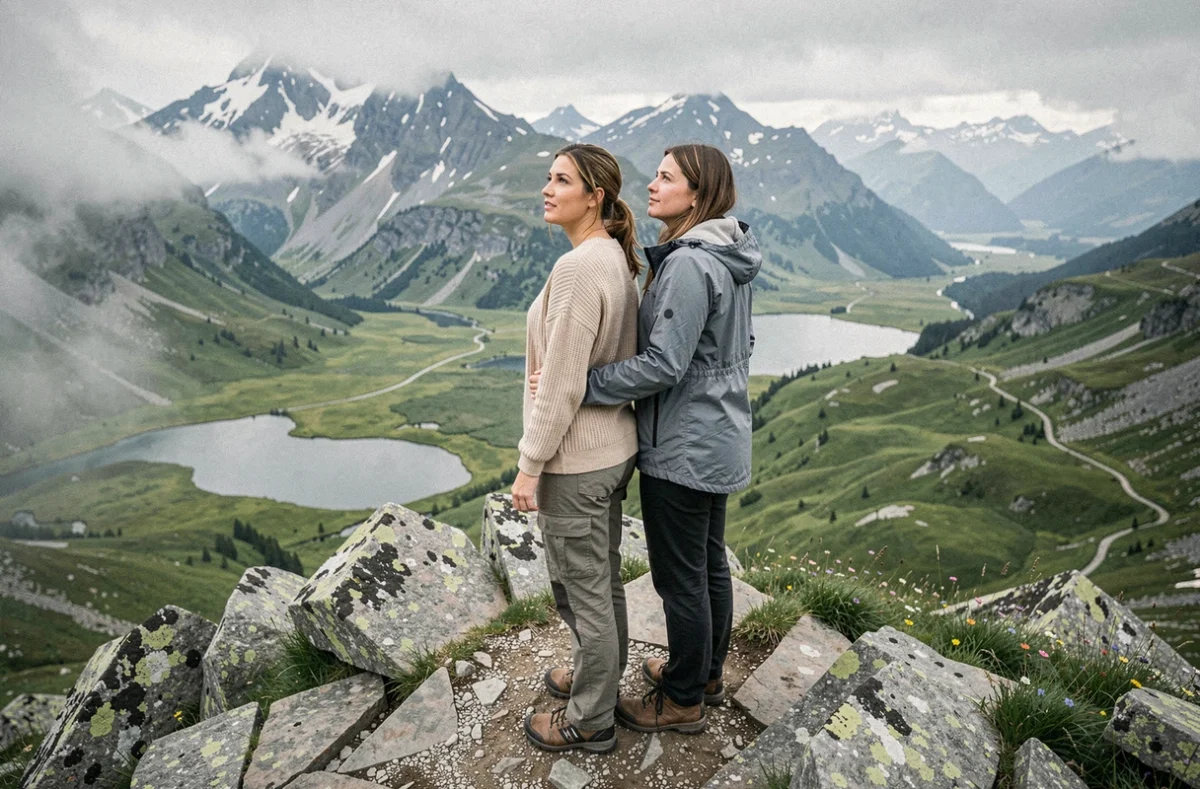 Deux femmes en lune de miel éco-responsable contemplant un panorama alpin depuis un sentier de randonnée