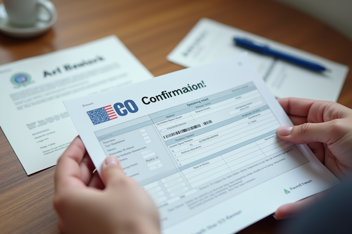 Mains tenant une confirmation DS160 avec visa et stylo sur bois