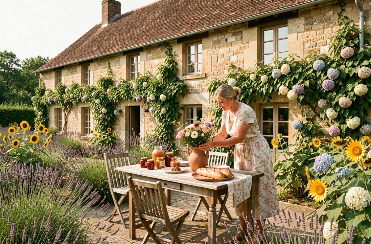 Maison Saunières, maison d'hôtes de caractère en Bourgogne, terrasse en pierre et jardin fleuri avec petit-déjeuner champêtre
