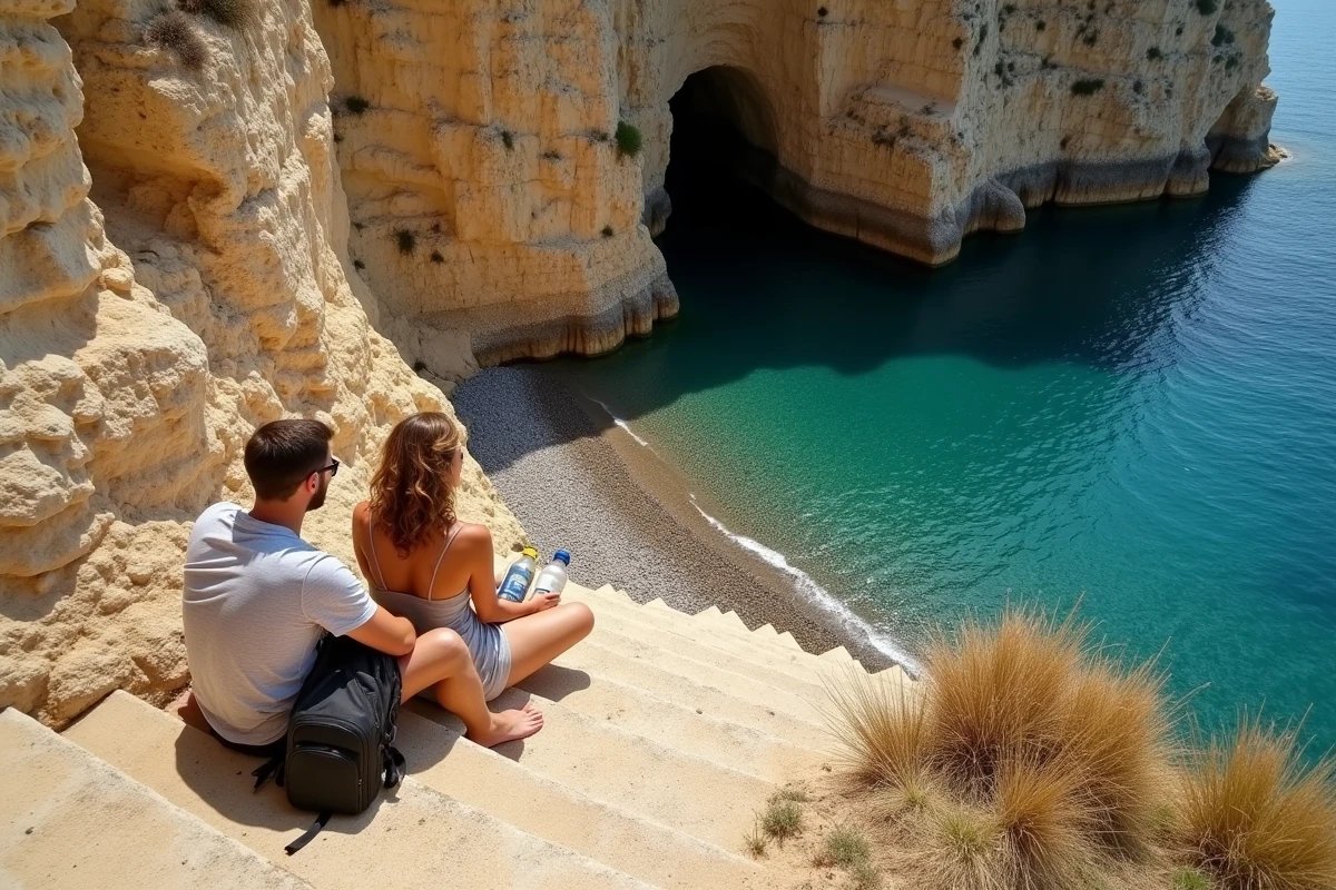 Deux amis descendant des marches taillées dans la roche vers une crique secrète de Malte avec plage de galets et falaises calcaires