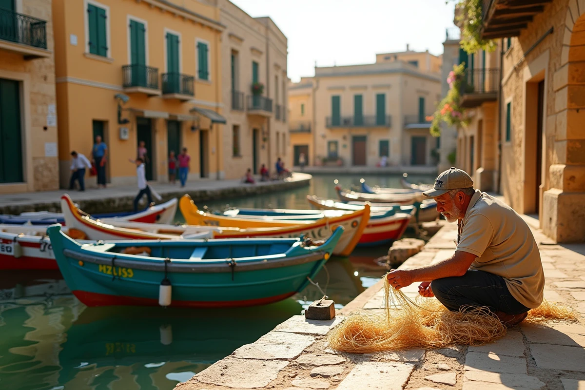 Pêcheur maltais réparant ses filets sur le quai d'un village de pêcheurs traditionnel avec des bateaux luzzu colorés dans le port de Malte