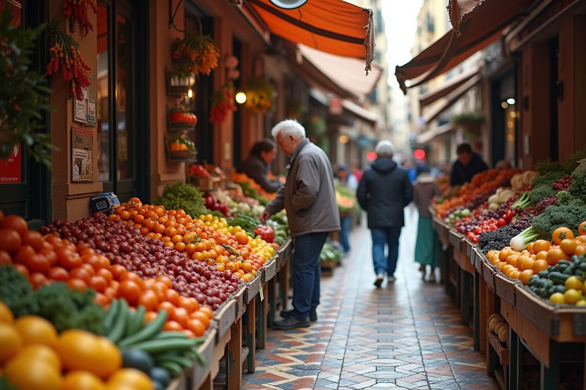 Marché local animé avec vendeurs et acheteurs à Barcelone