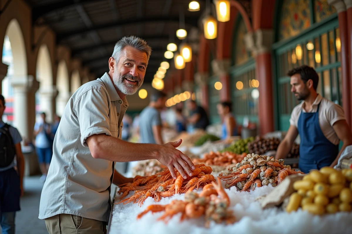 Visiteur en escale croisi&egrave;re d&eacute;couvrant les &eacute;tals de fruits de mer au Mercado de Atarazanas de Malaga
