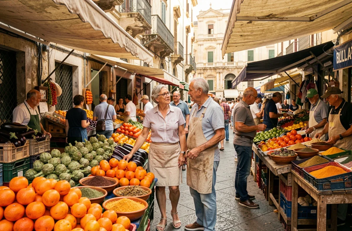 Couple de voyageurs explorant le marché animé de Ballarò à Palerme avec des étals colorés de fruits et légumes siciliens