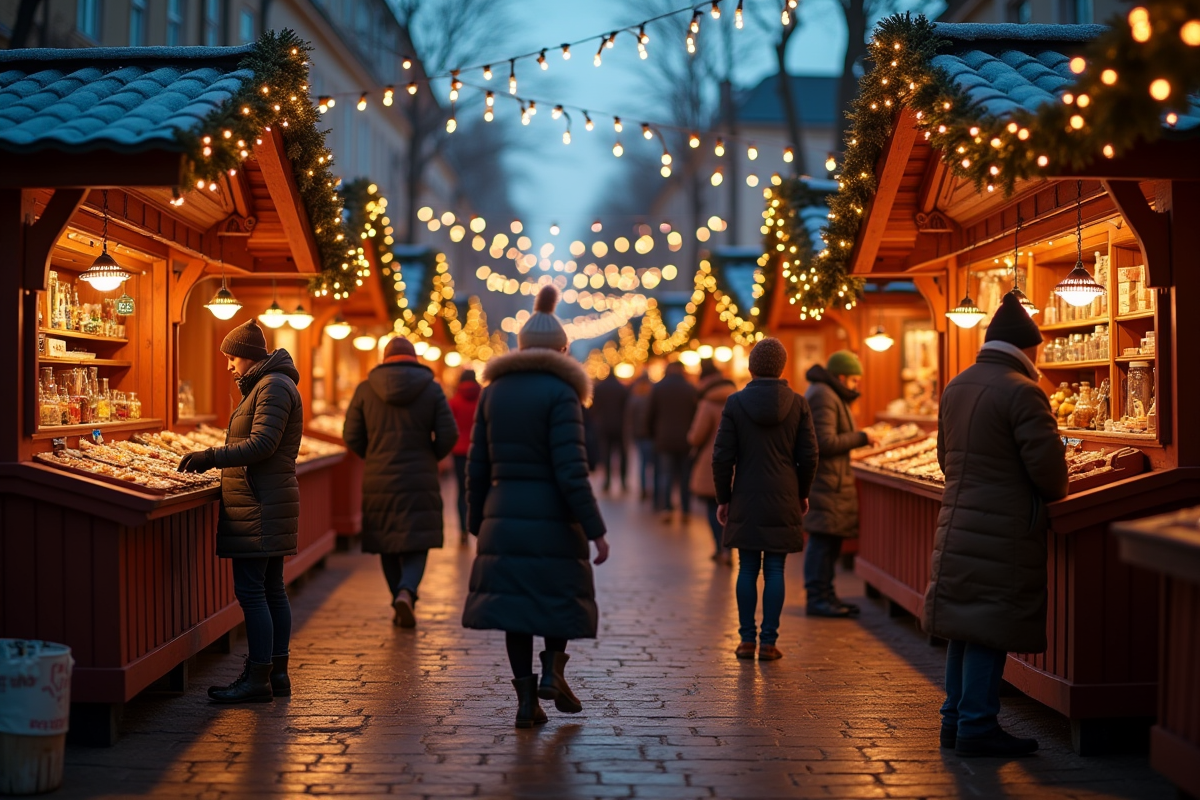 Marché de Noël européen en soirée avec stands en bois décorés