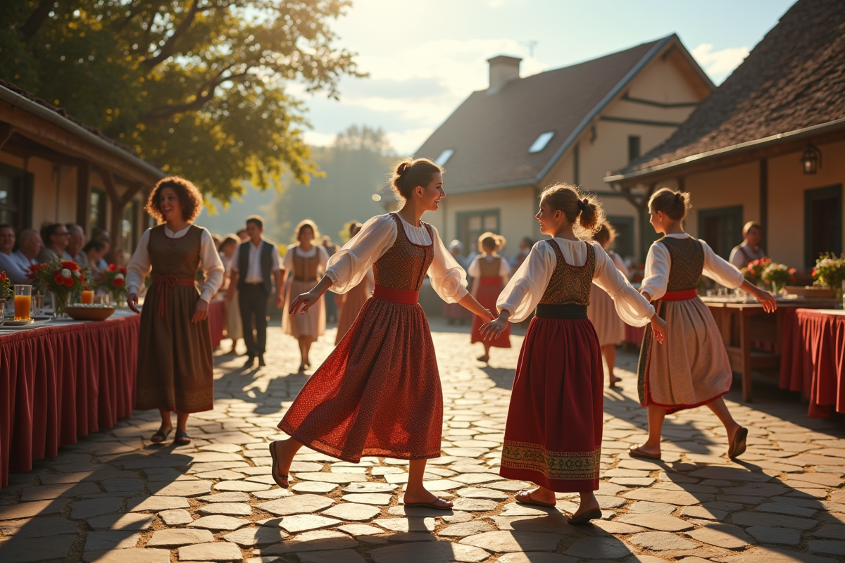Célébration de mariage traditionnel en village avec danseurs en costumes
