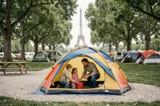 Famille installant une tente dans un camping en Île-de-France avec la Tour Eiffel visible en arrière-plan
