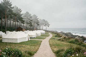 Vue panoramique d'un camping en Bretagne avec tentes et chalets en bord de mer dans le Morbihan