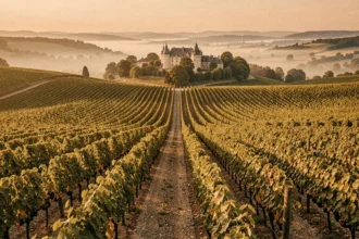 Panorama des vignobles de Bourgogne-Franche-Comté avec un château historique en arrière-plan, illustration du top 10 des meilleurs hôtels de la région
