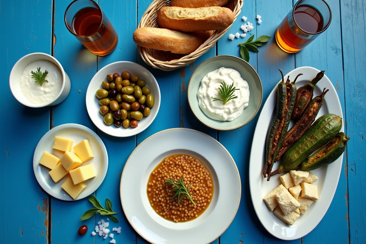 Assortiment de mezze grecs partagés sur une table bleue en bois dans un restaurant local de Folégandros