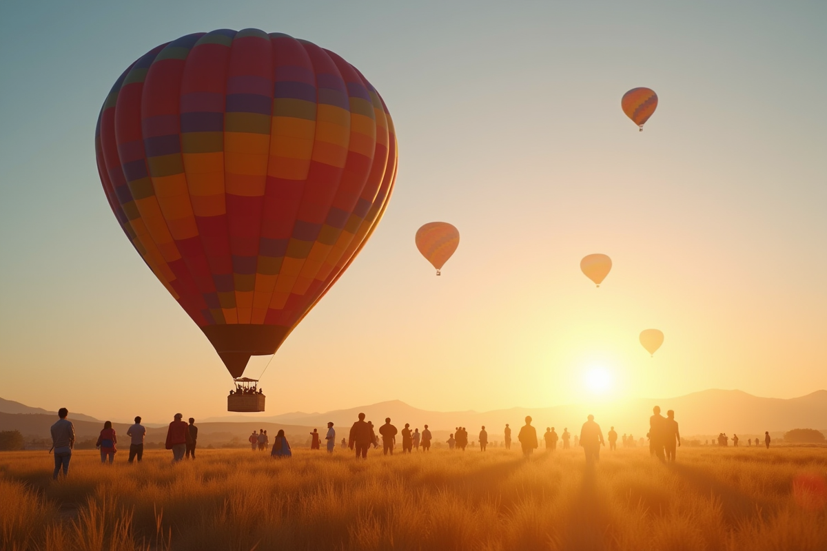 Montgolfière au lever du soleil avec spectateurs